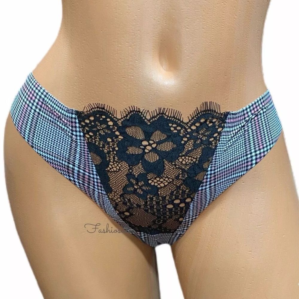 Victorias Secret Dream Angels Sexy Sheer Lace Front Satin Thong Panty gray plaid